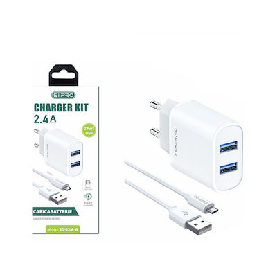 SiiPro Charger with 2 USB-A ports and USB-C Cable in White Colour